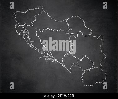 Yugoslavia map administrative division, separates regions and names individual region, design card blackboard chalkboard blank Stock Photo