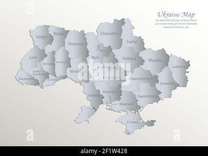 Ukraine map, administrative division with names, white blue card paper 3D vector Stock Vector