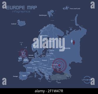 Europe map, with names of individual states, infographics blue flat design vector Stock Vector
