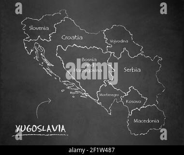 Yugoslavia map administrative division, separates regions and names individual region, design card blackboard chalkboard vector Stock Vector