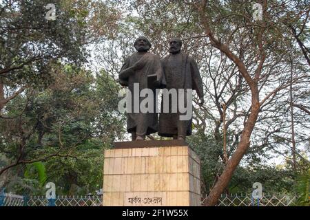 Kolkata, India - January 13, 2015: a monument to Karl Marx and Friedrich Engels in Curzon Park. Stock Photo
