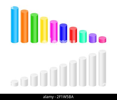 Colorful and white cylinders. Bar graph, column chart elements for finance statistical infographic. Growth and decrease signs. Vector 3d illustration. Stock Vector