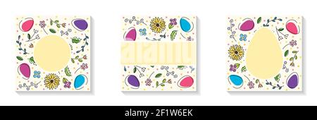 Vector linart square illustrations for social media. Bright spring banners of eggs and flowers. Happy Easter Stock Vector