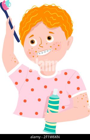 Boy with Braces Brushing Teeth Smiling Stock Vector