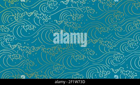 Luxury elegant lineart background golden sea waves with splashes on aquamarine background Stock Vector
