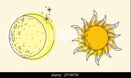 Colorful vector lineart illustration moon and sun with spots of paint Stock Vector