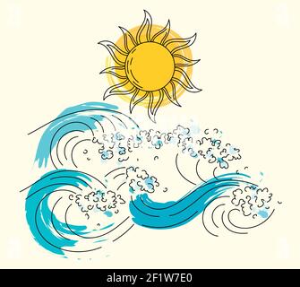 Black vector lineart background aquamarine sea waves with splashes on background Stock Vector