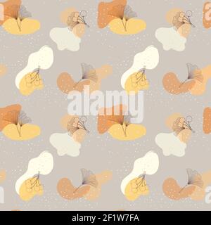 Vector seamless pattern of orange, brown, grey, beige colors. Abstract with ginkgo leaves and berries cottage core Stock Vector