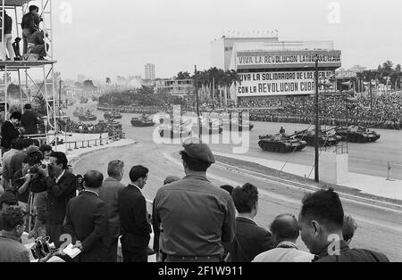 Tanks and crowd gathered at military parade, Havana (Cuba : Province), Havana (Cuba), Cuba, 1963. From the Deena Stryker photographs collection. () Stock Photo