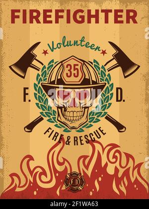 Vintage firefighter poster with skull in helmet flame laurel wreath and crossed axes vector illustration Stock Vector