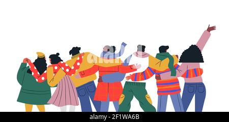 Happy young friend group hugging together on isolated white background. Modern flat cartoon illustration for friendship day concept or diverse social Stock Vector