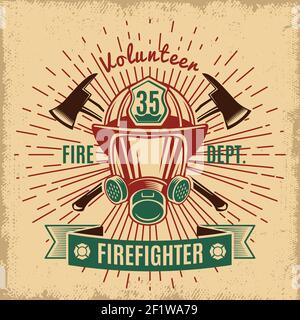 Vintage firefighting label with fireman rescue mask crossed axes and ribbon isolated vector illustration Stock Vector