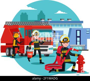 Colorful firefighting template with fireman rescue brigade fire truck and equipment vector illustration Stock Vector