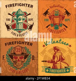 Vintage firefighting emblems set with fireman skull helmet mask hydrant and crossed axes vector illustration Stock Vector