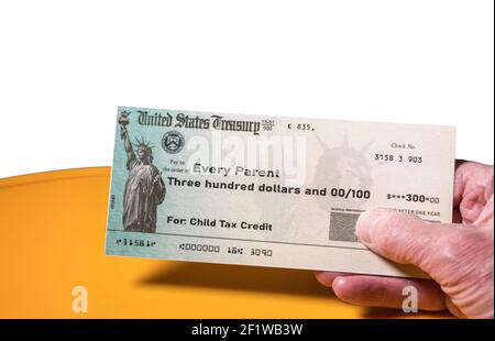 US Treasury illustrative check for child tax credit for a single dependent to illustrate American Rescue Plan Act of 2021 payments Stock Photo