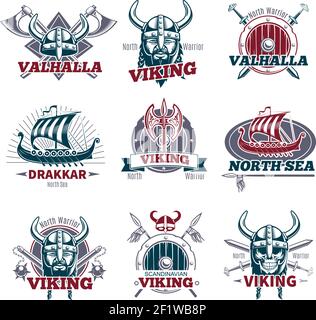 Colorful viking labels set with scandinavian elements and medieval weapon in vintage style isolated vector illustration Stock Vector