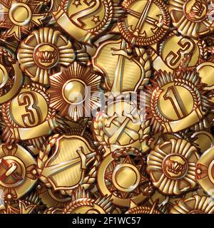 Military medals seamless pattern with gold awards and trophies of different shapes in cartoon style vector illustration Stock Vector