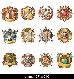 Colorful military awards collection of medals and badges of different shapes in cartoon style isolated vector illustration Stock Vector