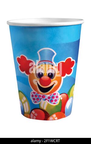 Multicolored striped cardboard cup for children's birthday on white background. Party cup made from cardboard in colorful concept Stock Photo