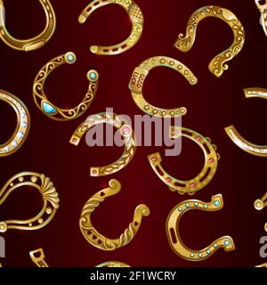 Gold decorative ornate horseshoes seamless pattern in cartoon style on red background vector illustration Stock Vector