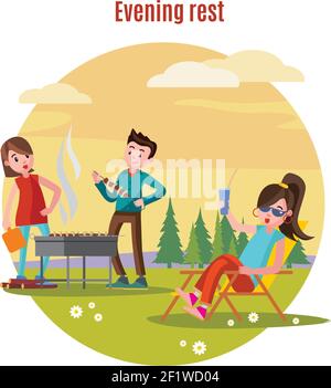 Colorful outdoor recreation concept with couple preparing barbecue and woman drinking cocktail on forest landscape vector illustration Stock Vector