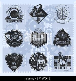 Vintage artificial intelligence emblems set with robotic futuristic technologic innovations on mechanical background isolated vector illustration Stock Vector