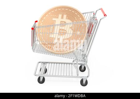 Shopping cart with bitcoin, mining concept. 3D rendering isolated on white background Stock Photo