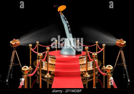 Podium with dental curing light, 3D rendering isolated on black background Stock Photo