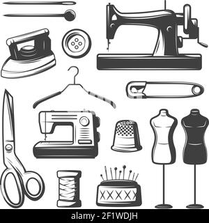 Vintage tailor elements set with professional equipment tools accessories and objects isolated vector illustration Stock Vector
