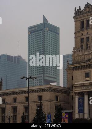 WARSAW, POLAND - JANUARY 27.2019: Skyscrapers in Warsaw. Palace of Culture and Science from the concert hall side, the Intercontinental skyscraper in Stock Photo