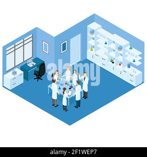 Isometric science laboratory concept with group of scientists standing around table and doing research vector illustration Stock Vector