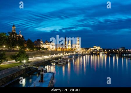 View of the Saxon capital city Dresden and the Elbe River at night Stock Photo