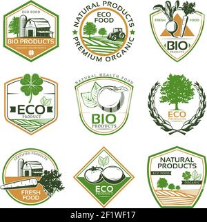 Colorful organic eco emblems collection with natural bio vegetables fruits plants and farming elements isolated vector illustration Stock Vector