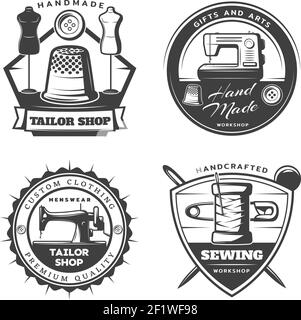 Monochrome tailor emblems set with sewing machine equipment and tools in vintage style isolated vector illustration Stock Vector
