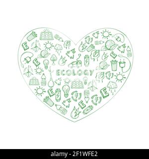 Earth save sketch green concept with ecologic and environmental elements in heart shape isolated vector illustration Stock Vector