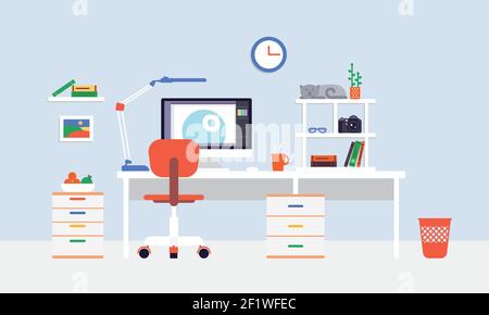 Flat freelancer workplace template with interior furniture equipment and objects isolated vector illustration Stock Vector