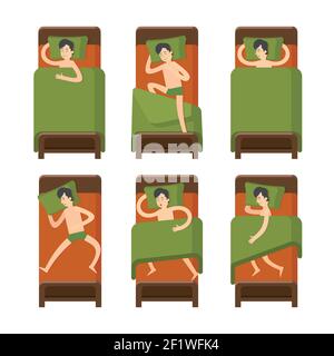 Sleeping man set lying on comfortable bed in different poses in flat style isolated vector illustration Stock Vector