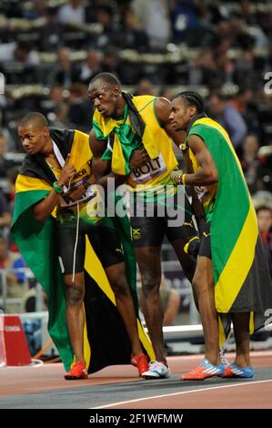 LONDON OLYMPIC GAMES 2012 - OLYMPIC STADIUM , LONDON (ENG) - 09/08/2012 - PHOTO : POOL / KMSP / DPPIATHLETICS - MEN'S 200 M - FINAL - GOLD MEDAL - USAIN BOLT (JAM) - SILVER MEDAL - YOHAN BLAKE (JAM) - BRONZE MEDAL - WARREN WEIR (JAM) Stock Photo