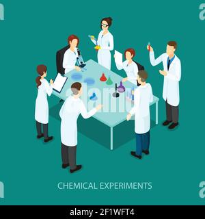 Isometric chemical research template with scientists standing around table and doing scientific experiment vector illustration Stock Vector