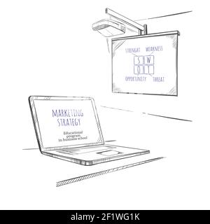 Sketch business educational template with equipment for marketing strategy presentation on white background isolated vector illustration Stock Vector