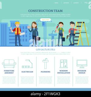 Construction team web page template with specialists and list of services provided by professional workers vector illustration Stock Vector