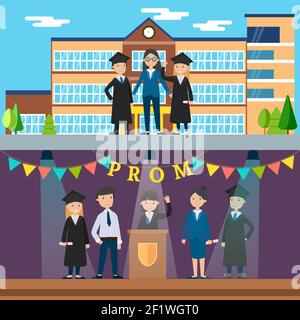 Colorful education horizontal banners with graduated students near university building and on stage vector illustration Stock Vector