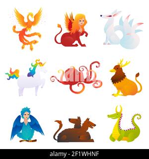 Mythical and fantastic creatures set with phoenix sphinx kitsune unicorn kraken griffin harpy cerberus dragon isolated vector illustration Stock Vector
