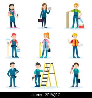 Construction team set with workers of different occupations and professional equipment and tools isolated vector illustration Stock Vector