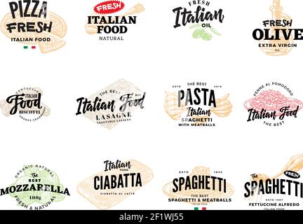 Sketch italian food logotypes collection for product design with traditional dishes and meals isolated vector illustration Stock Vector