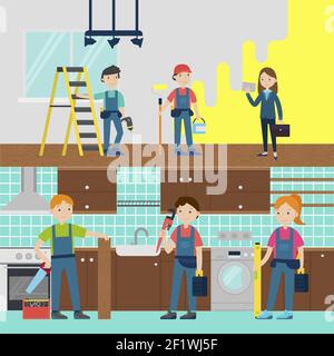 House improvement team horizontal banners with painter carpenter plumber repairman in uniform with equipment and tools vector illustration Stock Vector