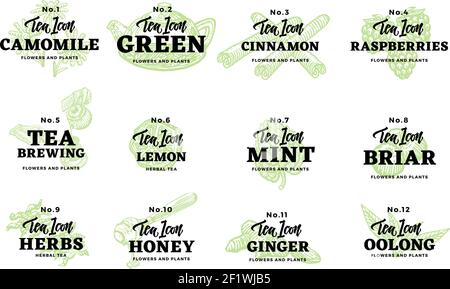 Hand drawn tea logos set with inscriptions and natural herbal fruit berry ingredients isolated vector illustration
