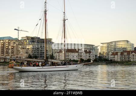 Adventuress, a 133 foot gaff-rigged schooner, was built in 1913. Stock Photo