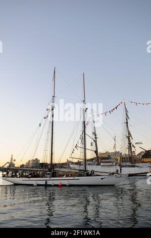 Adventuress, a 133 foot gaff-rigged schooner, was built in 1913. Stock Photo