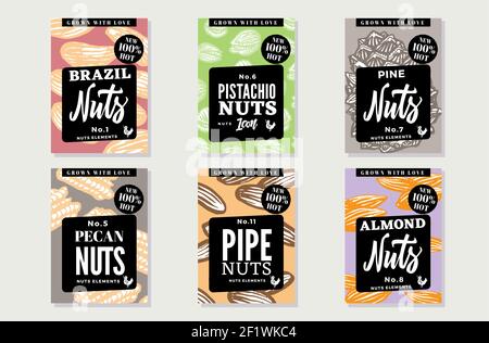 Sketch natural healthy food posters with nuts of different types and sorts in vintage style vector illustration Stock Vector